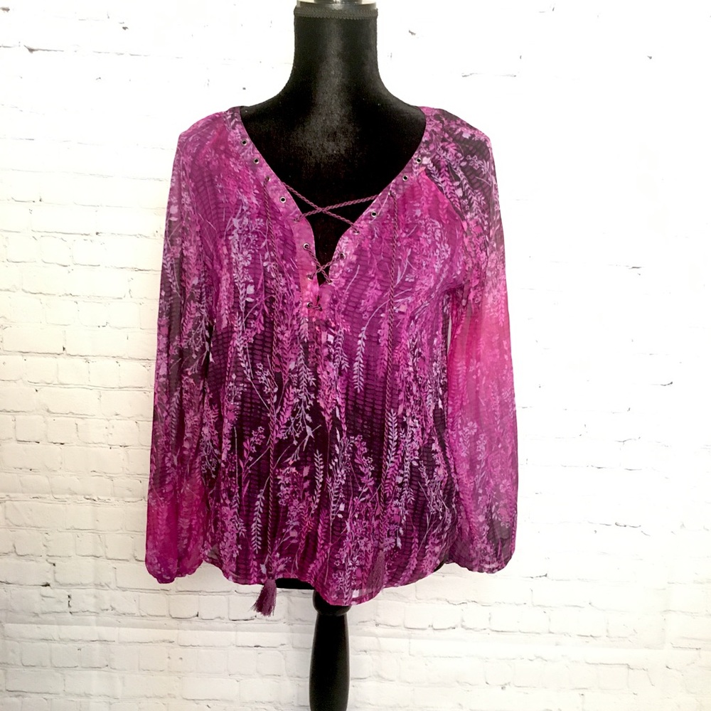 Jessica Simpson Sheer Boho Tassel Lace Up Top